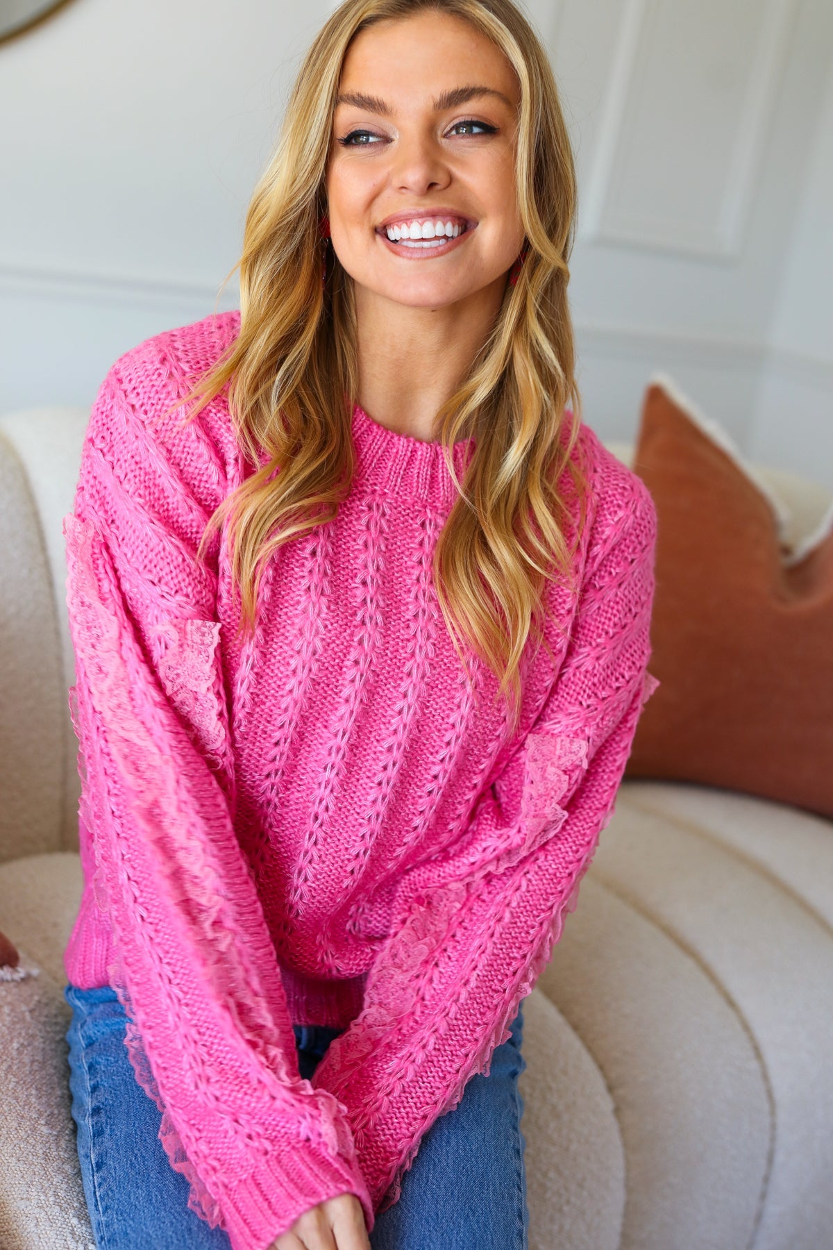 True Love Pink Lace Trim Oversized Knit Sweater