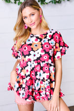 *FINAL SALE* Black & Coral Flat Floral Ruffle Hem Tiered Top ~ size L only