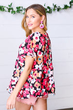 *FINAL SALE* Black & Coral Flat Floral Ruffle Hem Tiered Top ~ size L only