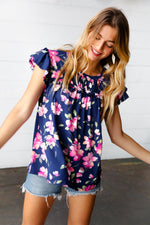 Navy & Pink Floral Print Frilled Short Sleeve Yoke Top