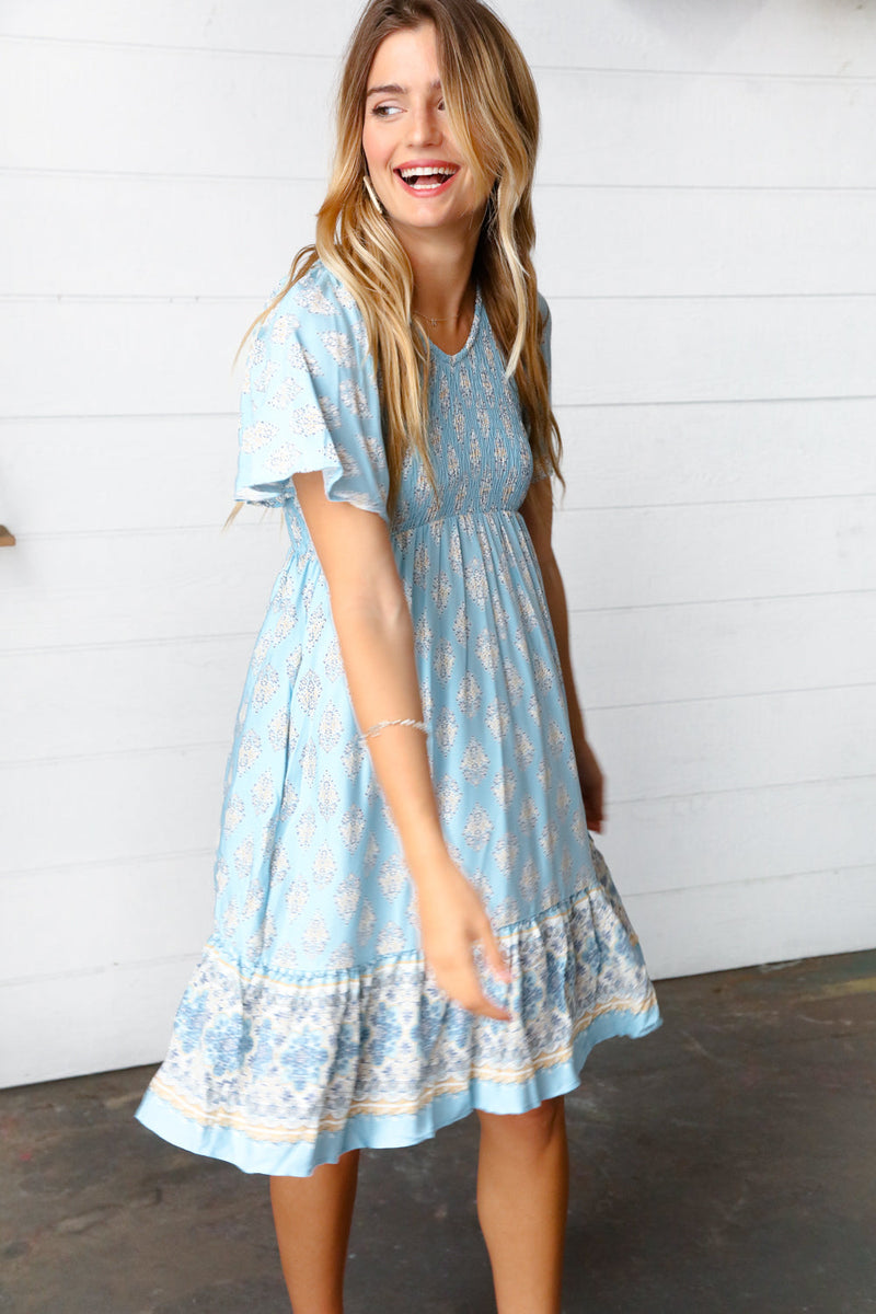 Light Blue Paisley Fit and Flare Smocked Midi Dress
