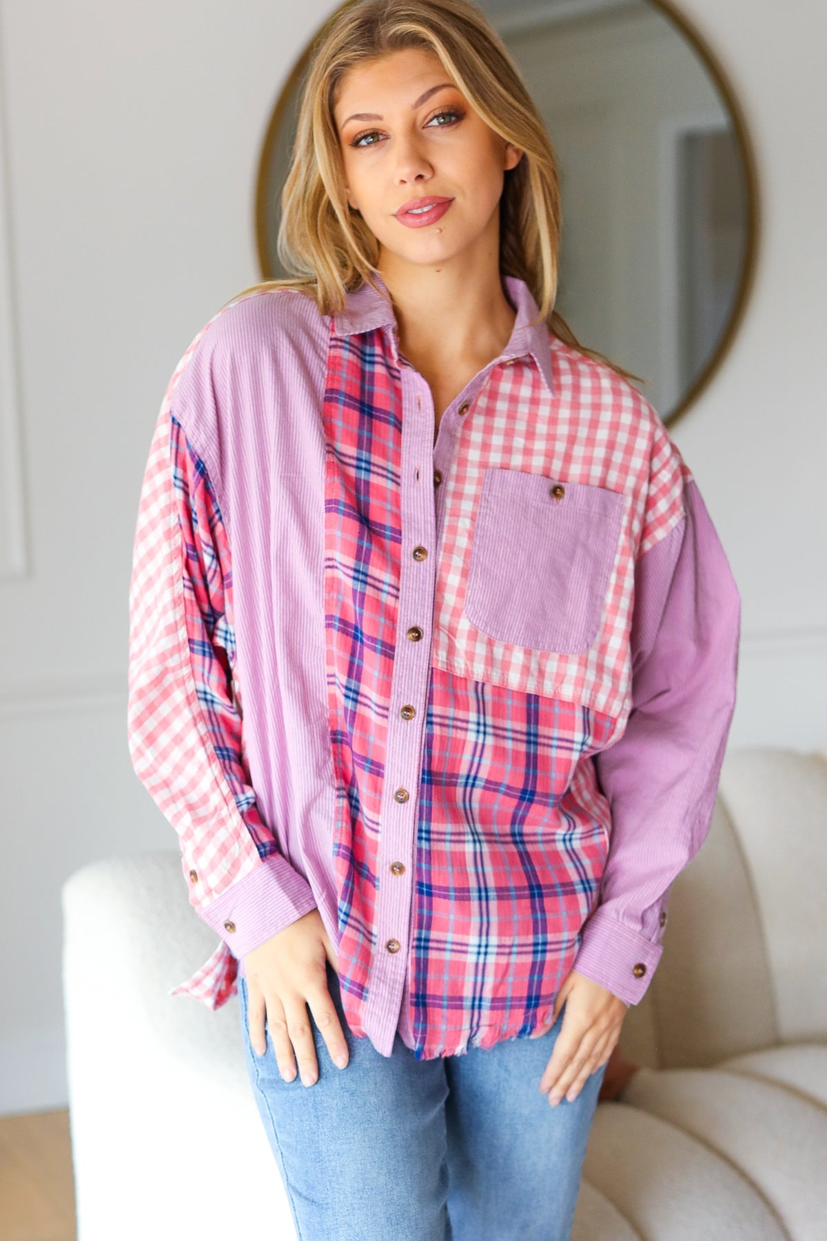 Everyday Bliss Pink & Navy Plaid Color Block Button Down Top