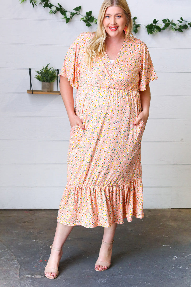 *FINAL SALE* Peach Floral Surplice Elastic Waist Ruffle Maxi Dress ~ size L only