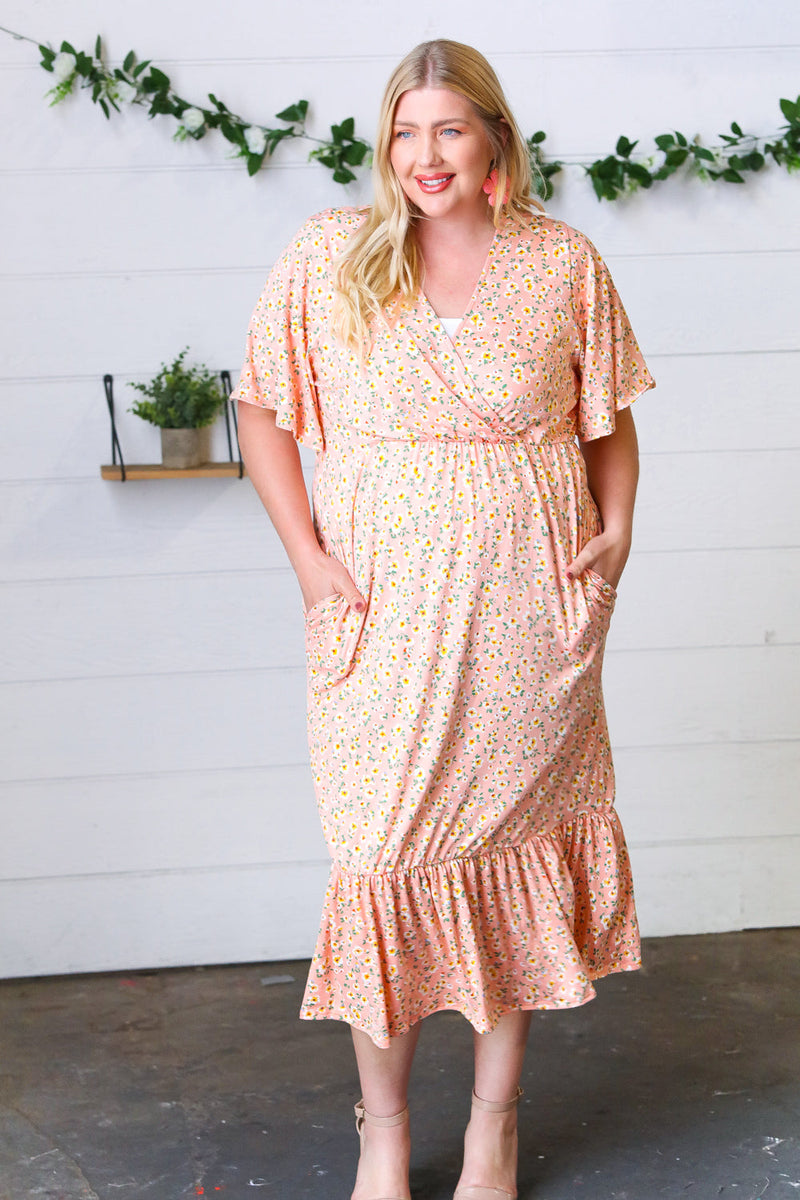 *FINAL SALE* Peach Floral Surplice Elastic Waist Ruffle Maxi Dress ~ size L only