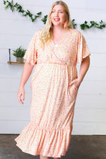 *FINAL SALE* Peach Floral Surplice Elastic Waist Ruffle Maxi Dress ~ size L only