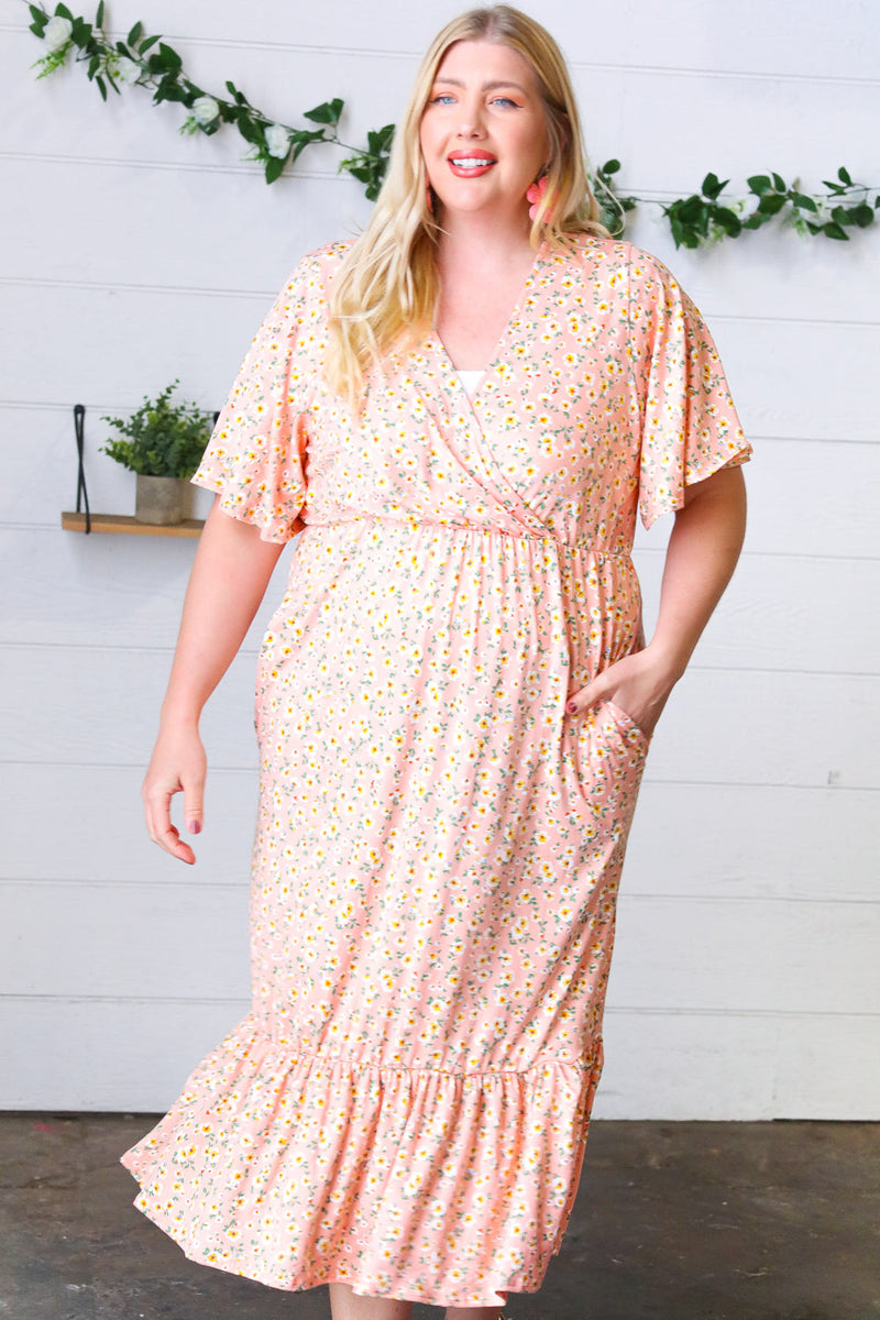 *FINAL SALE* Peach Floral Surplice Elastic Waist Ruffle Maxi Dress ~ size L only