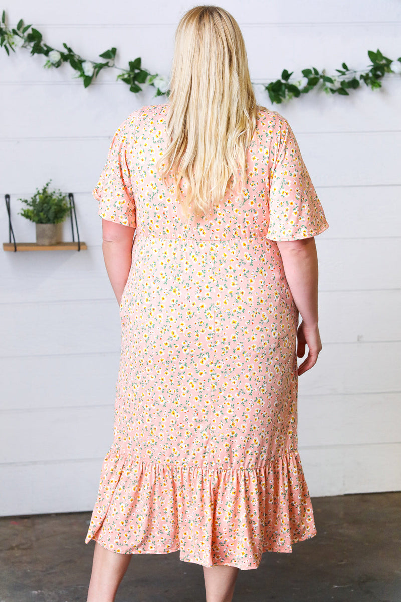 *FINAL SALE* Peach Floral Surplice Elastic Waist Ruffle Maxi Dress ~ size L only