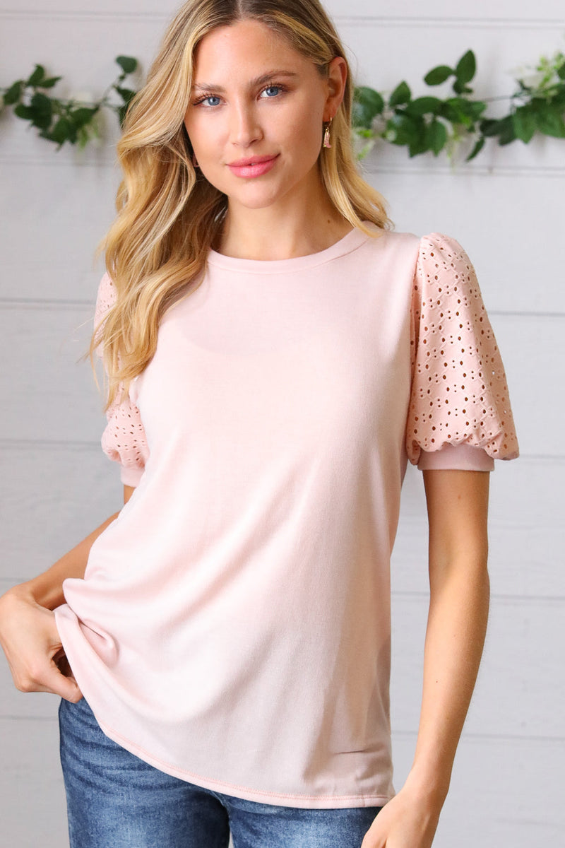 *FINAL SALE* Peach Eyelet Puff Sleeve French Terry Top ~ size 3X only