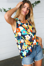 *FINAL SALE* Navy Flat Floral Banded V Neck Sleeveless Top ~ size 1X only