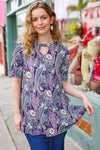 Bold & Sassy Navy Floral Paisley Front Keyhole Tunic Top