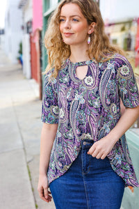 Bold & Sassy Navy Floral Paisley Front Keyhole Tunic Top