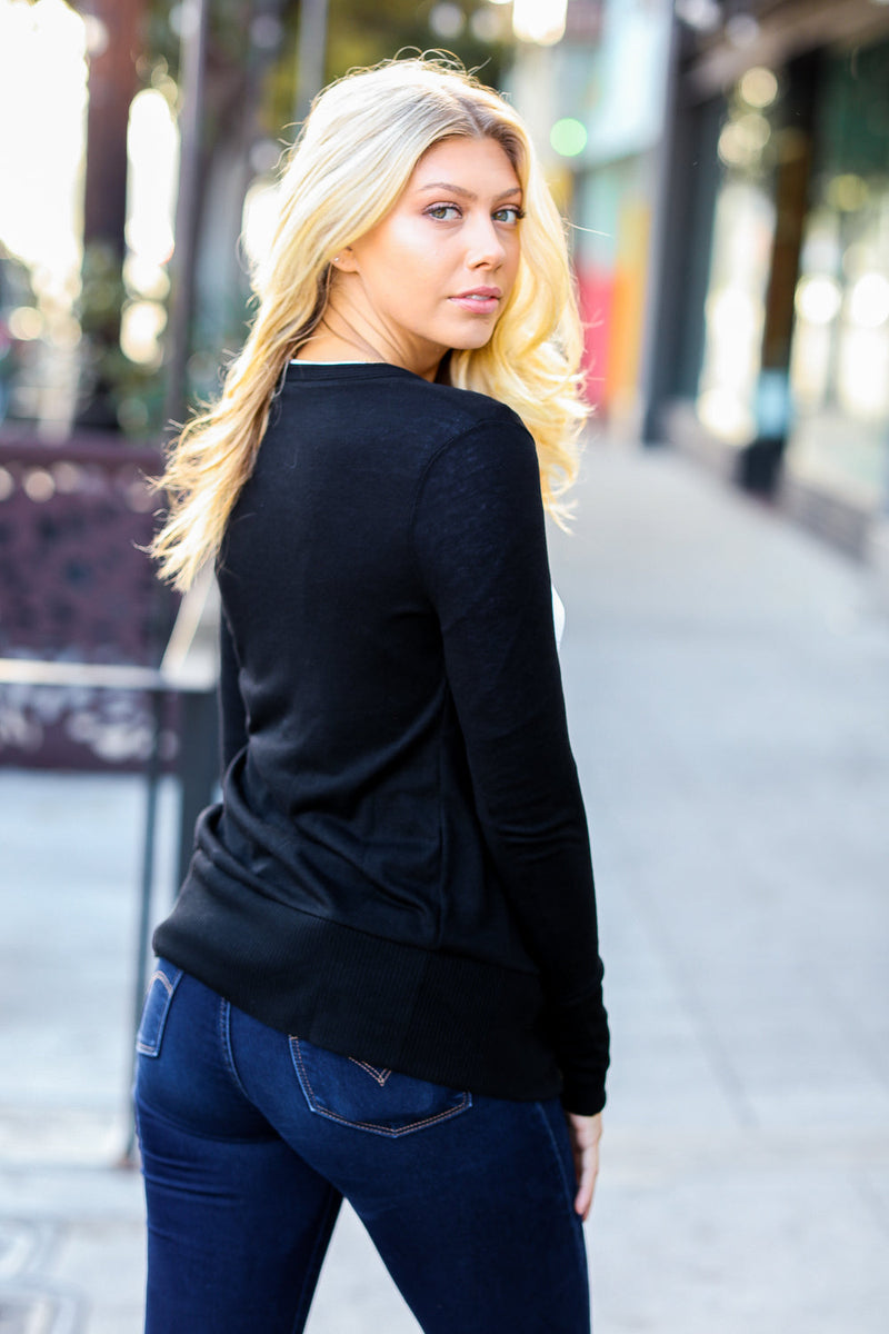 Day On The Town Black Snap Button Rib Detail Cardigan