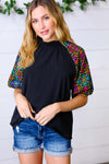 *FINAL SALE* Black Neon Frilled Mock Neck Floral Puff Sleeve Top ~ size L only