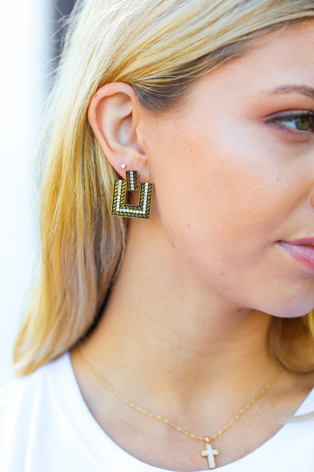 Gold Geometric Rhinestone Detail Dangle Earrings