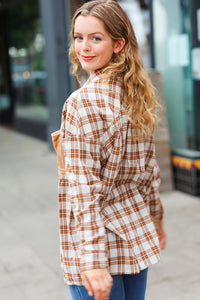 Eyes On You Taupe Plaid Velvet Pocket Button Down Top