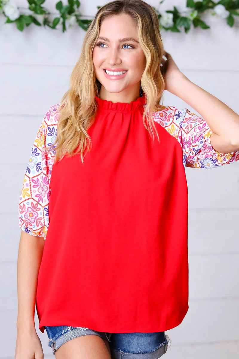 *FINAL SALE* Cardinal Red Frilled Mock Neck Floral Puff Sleeve Top ~ size L only