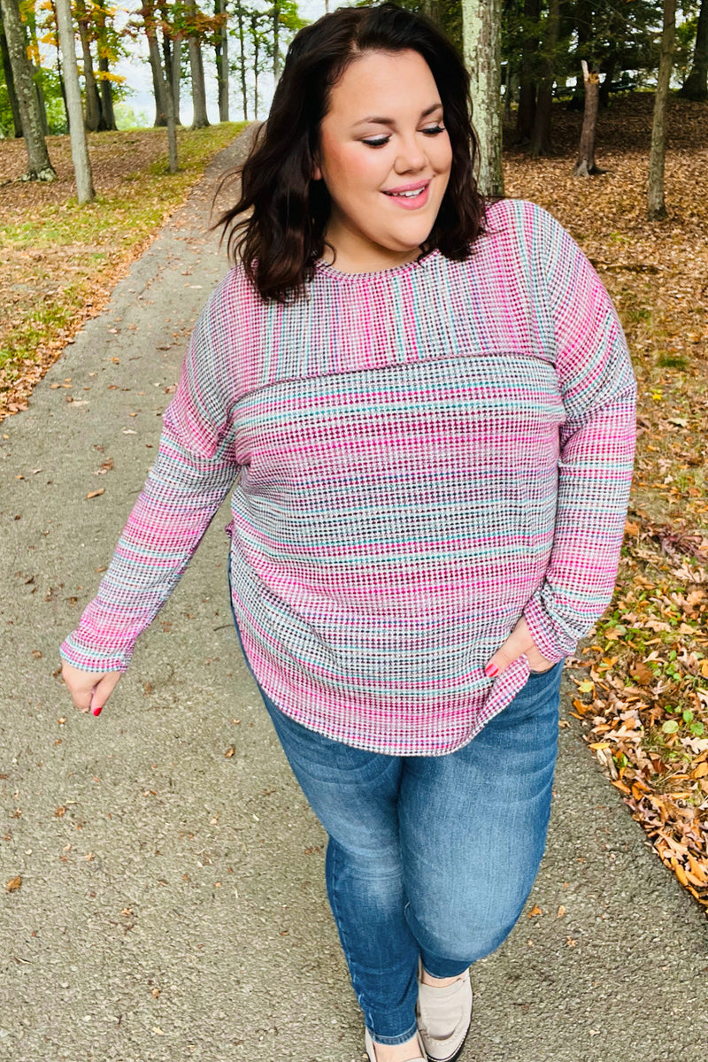 On The Run Magenta Multicolor Vintage Textured Knit Top