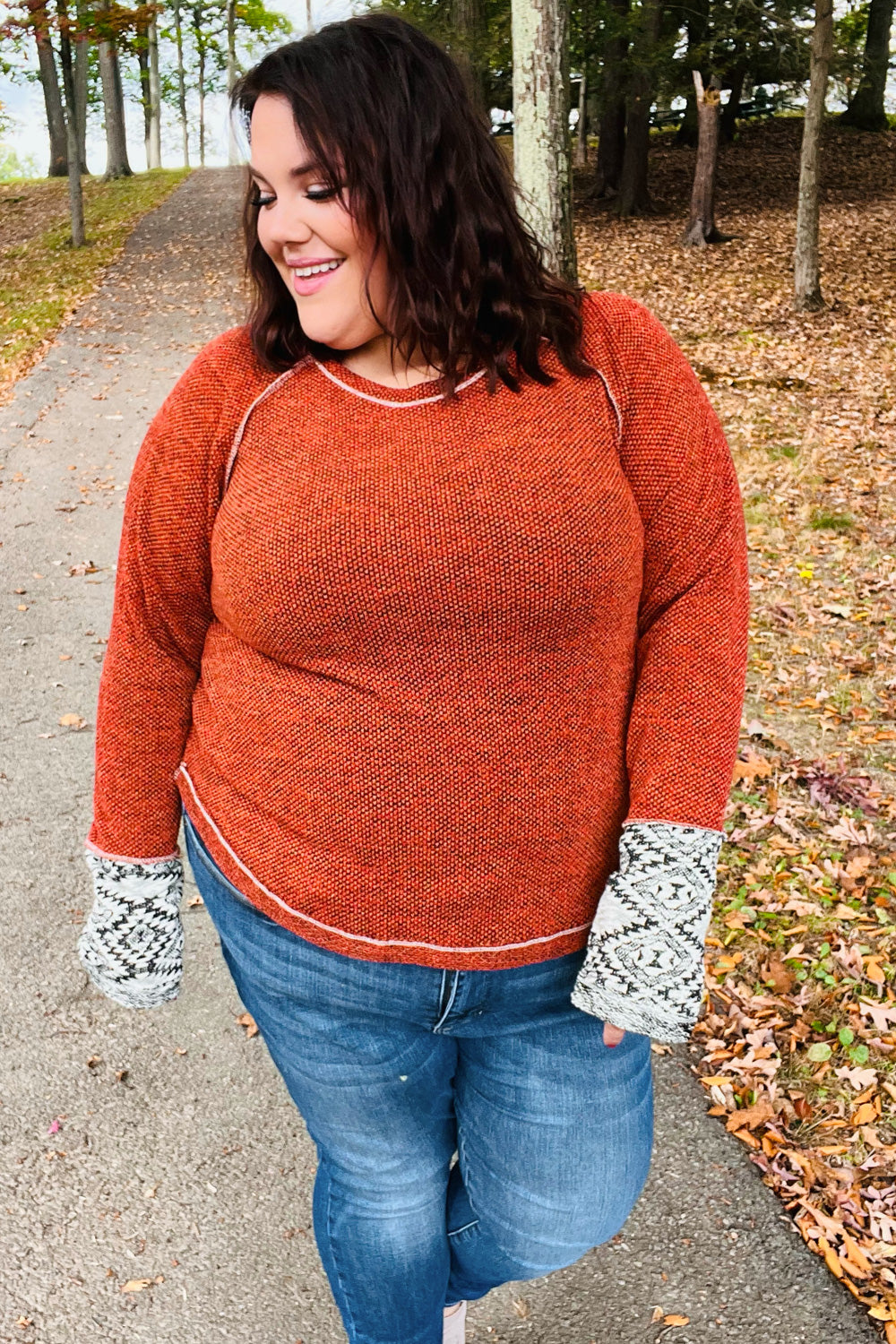 Be Yourself Rust Textured Aztec Outseam Top