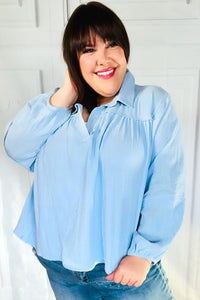 All Of Me Blue Collared Notched Neckline Cotton Top