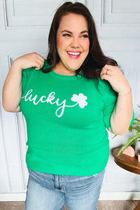 Lucky Lady Shamrock Green Sequin Puff Sleeve Knit Top