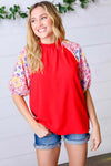 *FINAL SALE* Cardinal Red Frilled Mock Neck Floral Puff Sleeve Top ~ size L only