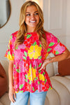 Time For Sun Fuchsia Floral Drop Shoulder Babydoll Top