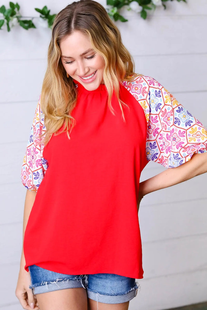 *FINAL SALE* Cardinal Red Frilled Mock Neck Floral Puff Sleeve Top ~ size L only