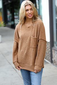 Stay Awhile Camel Drop Shoulder Melange Sweater