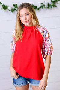 *FINAL SALE* Cardinal Red Frilled Mock Neck Floral Puff Sleeve Top ~ size L only