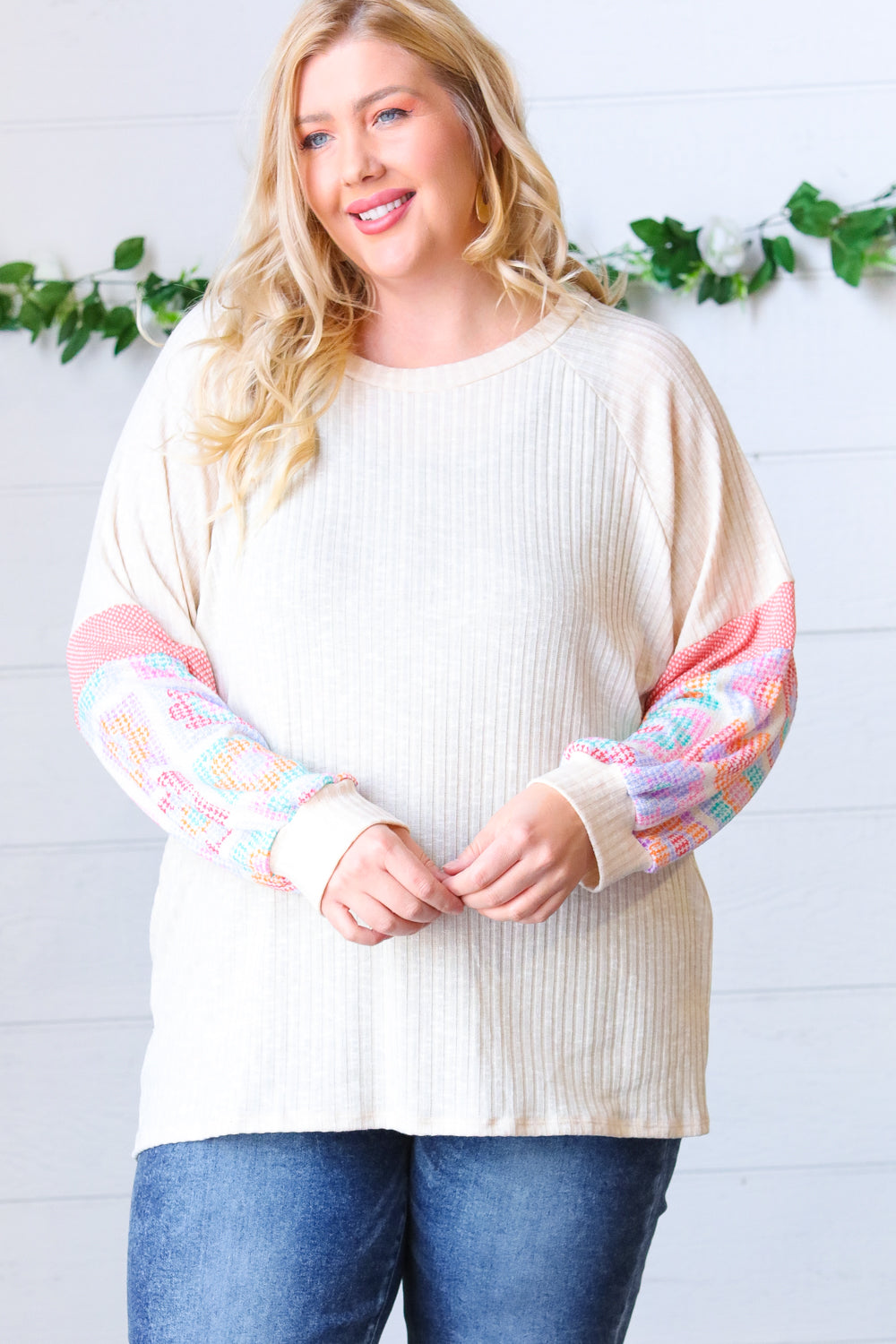 *FINAL SALE* ~ Oatmeal Two-Tone Floral Crochet Print Raglan Bubble Sleeve Top - size 1X only