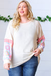 *FINAL SALE* ~ Oatmeal Two-Tone Floral Crochet Print Raglan Bubble Sleeve Top - size 1X only