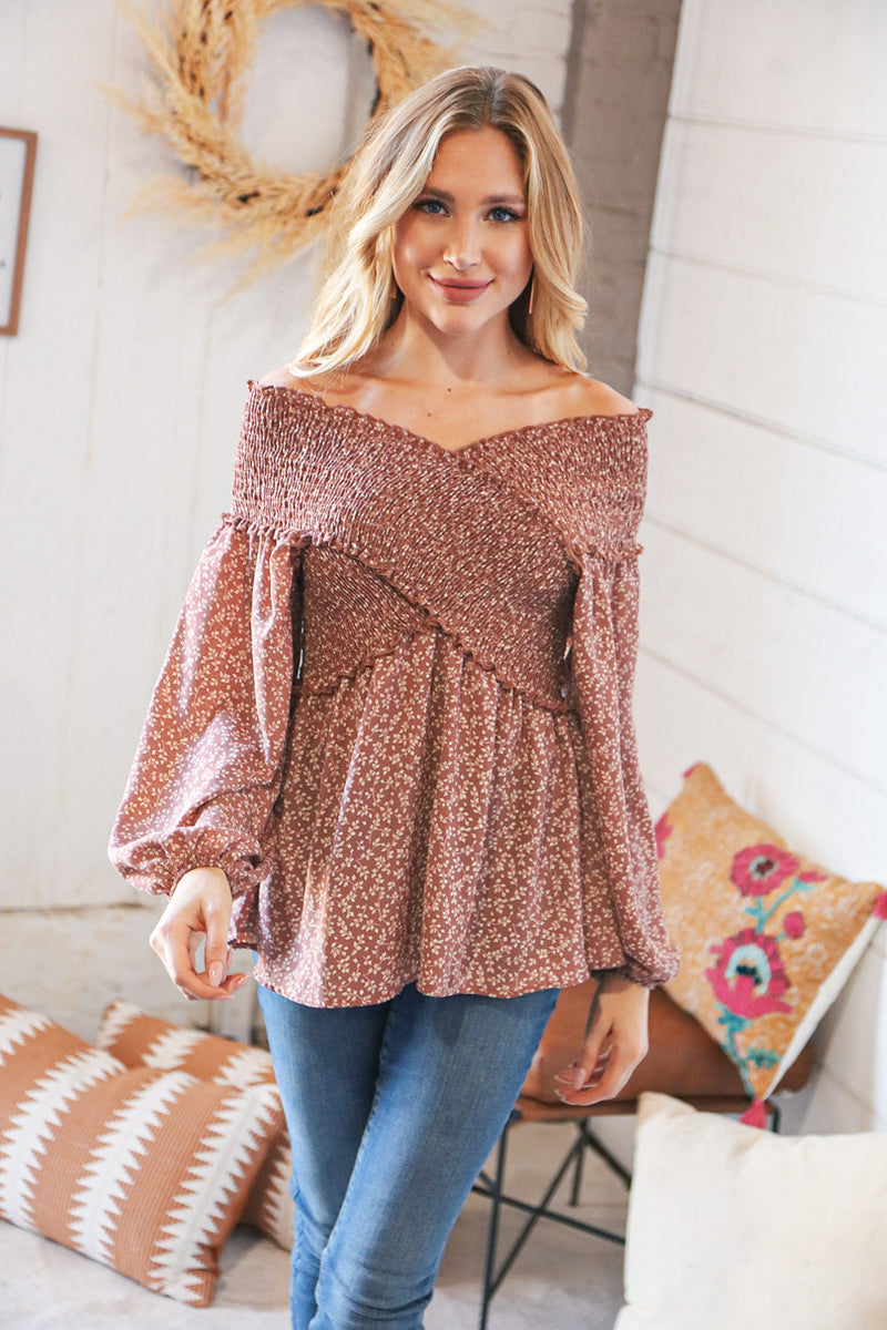 *FINAL SALE* Mauve Floral Smocked V Neck Cross Body Blouse ~ size 2X only