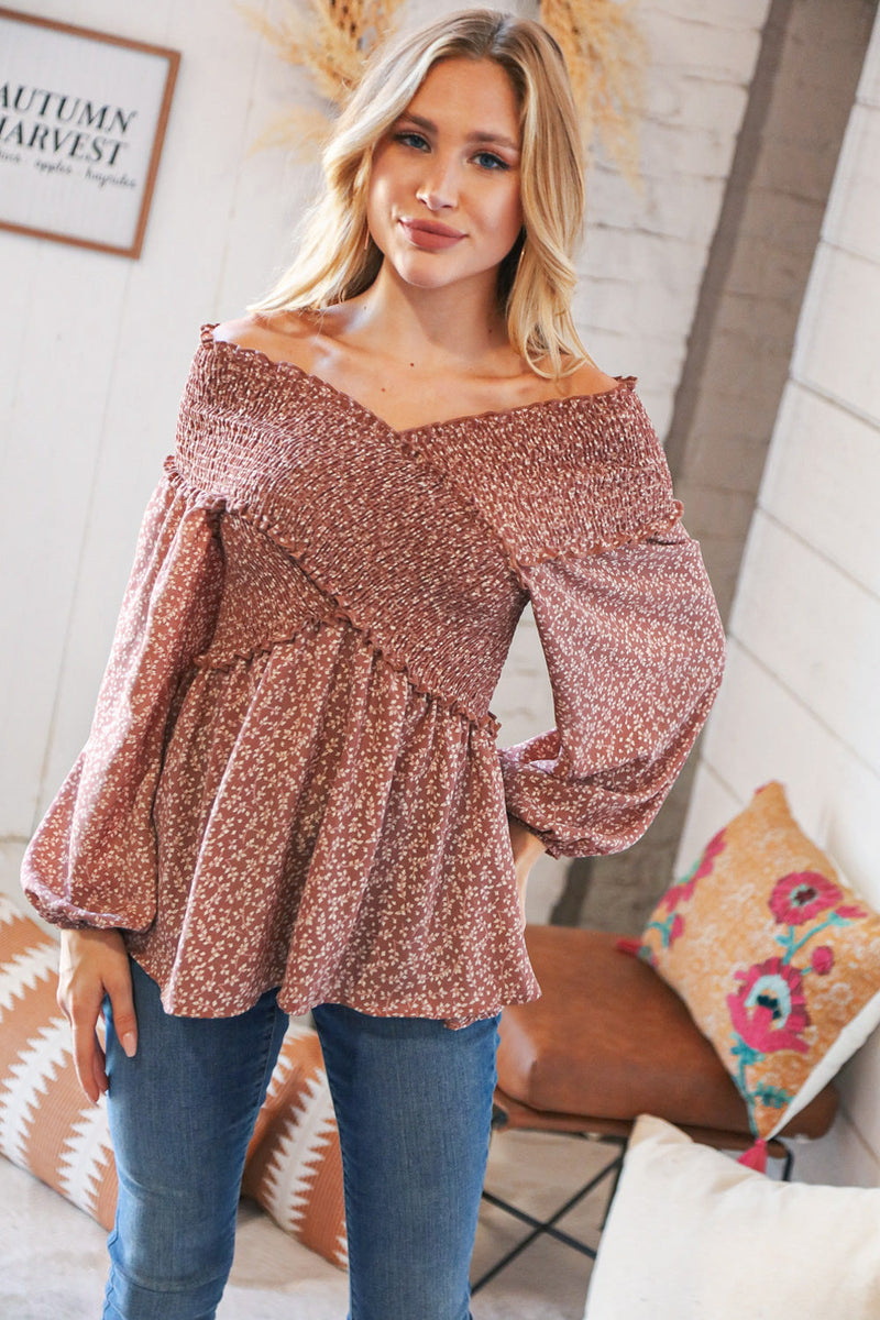*FINAL SALE* Mauve Floral Smocked V Neck Cross Body Blouse ~ size 2X only
