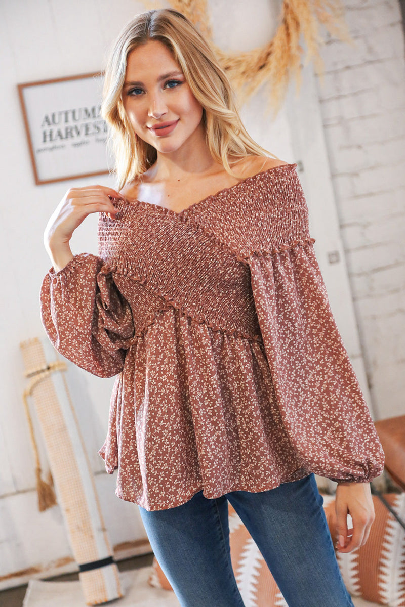 *FINAL SALE* Mauve Floral Smocked V Neck Cross Body Blouse ~ size 2X only