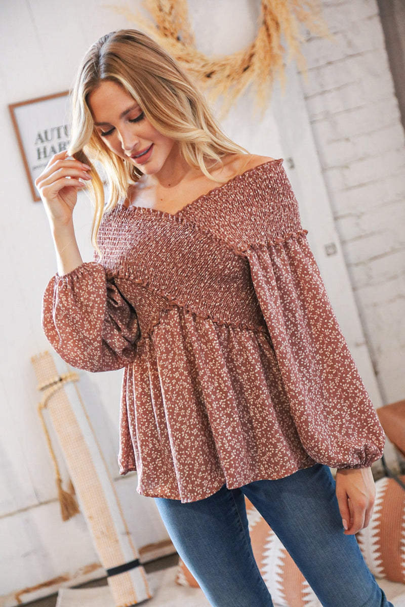 *FINAL SALE* Mauve Floral Smocked V Neck Cross Body Blouse ~ size 2X only