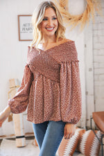 *FINAL SALE* Mauve Floral Smocked V Neck Cross Body Blouse ~ size 2X only