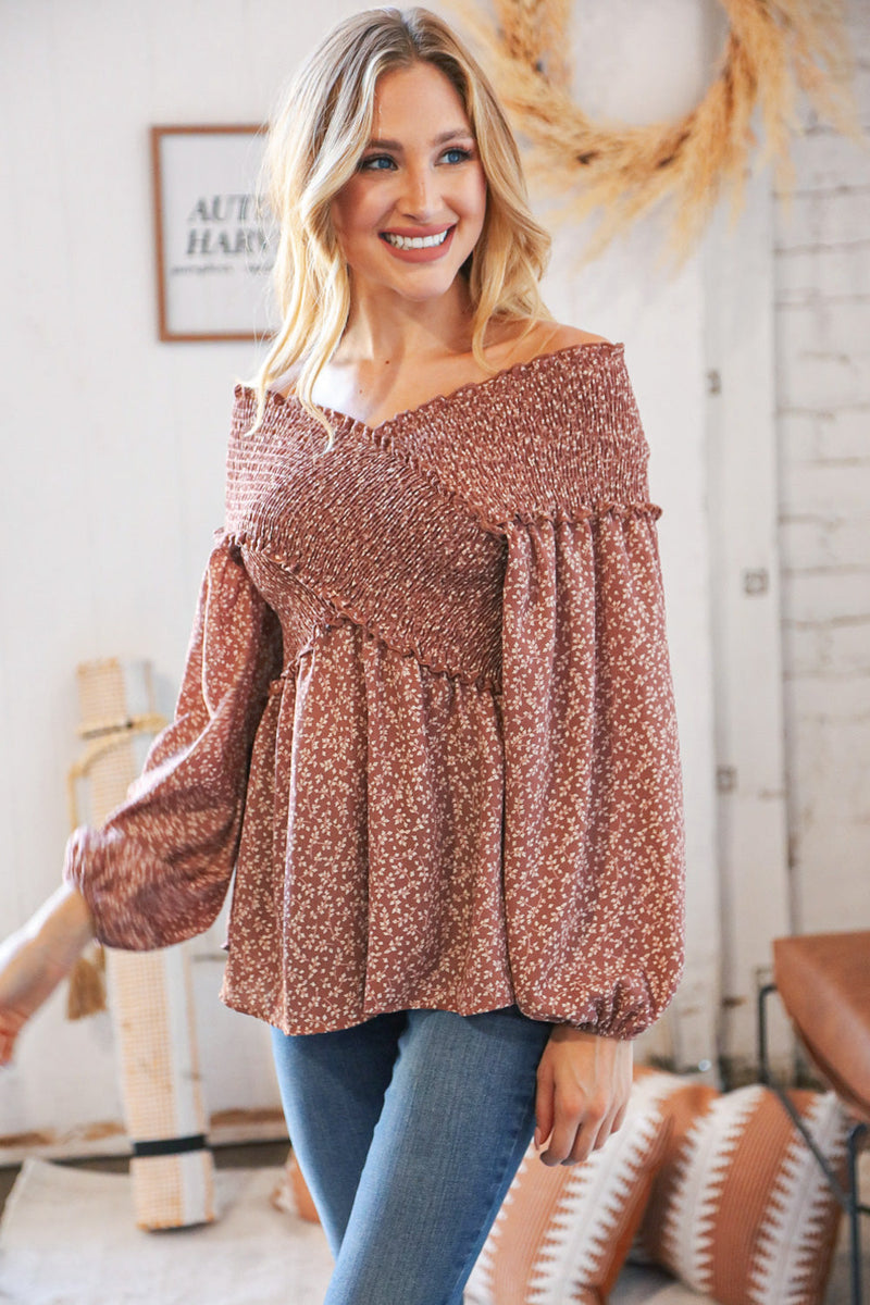 *FINAL SALE* Mauve Floral Smocked V Neck Cross Body Blouse ~ size 2X only