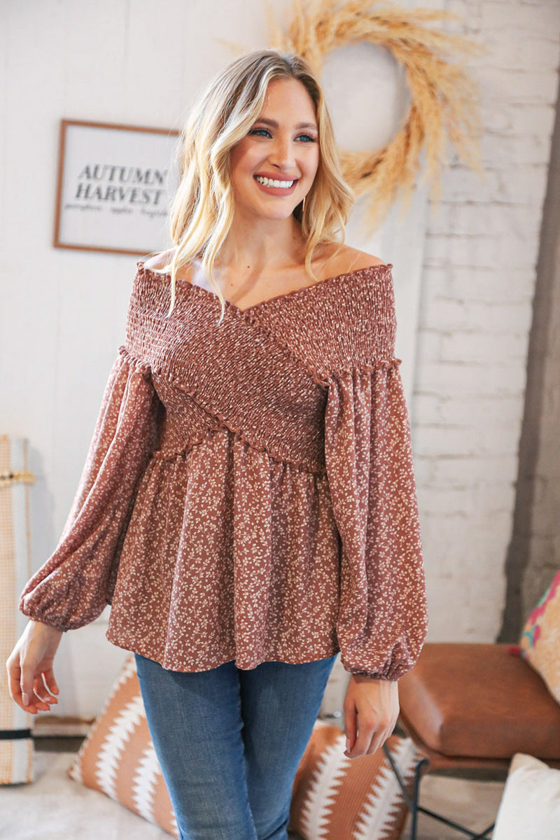 *FINAL SALE* Mauve Floral Smocked V Neck Cross Body Blouse ~ size 2X only
