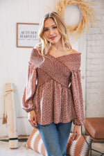 *FINAL SALE* Mauve Floral Smocked V Neck Cross Body Blouse ~ size 2X only