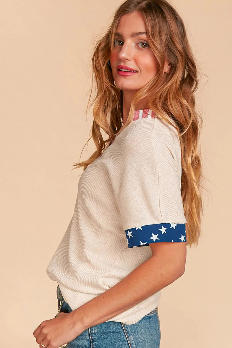 *FINAL SALE* "Oatmeal Patriotic Vneck Banded Short Sleeve" ~ size M only