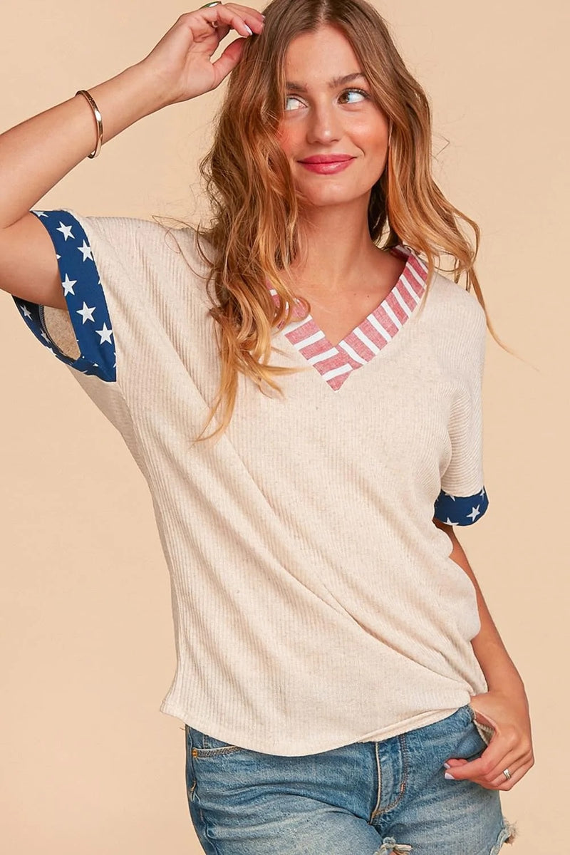 *FINAL SALE* "Oatmeal Patriotic Vneck Banded Short Sleeve" ~ size M only