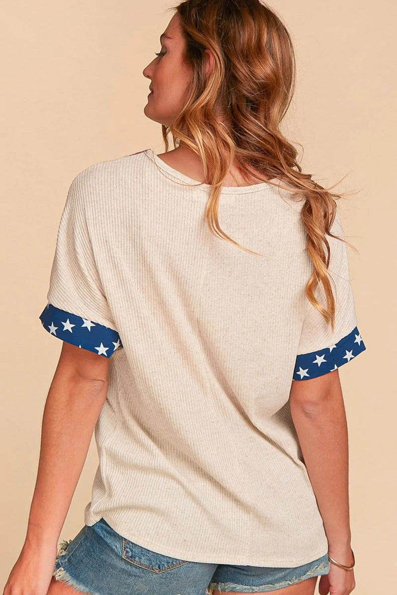 *FINAL SALE* "Oatmeal Patriotic Vneck Banded Short Sleeve" ~ size M only