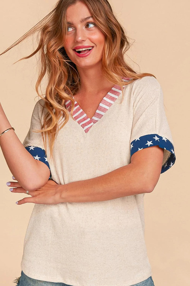 *FINAL SALE* "Oatmeal Patriotic Vneck Banded Short Sleeve" ~ size M only